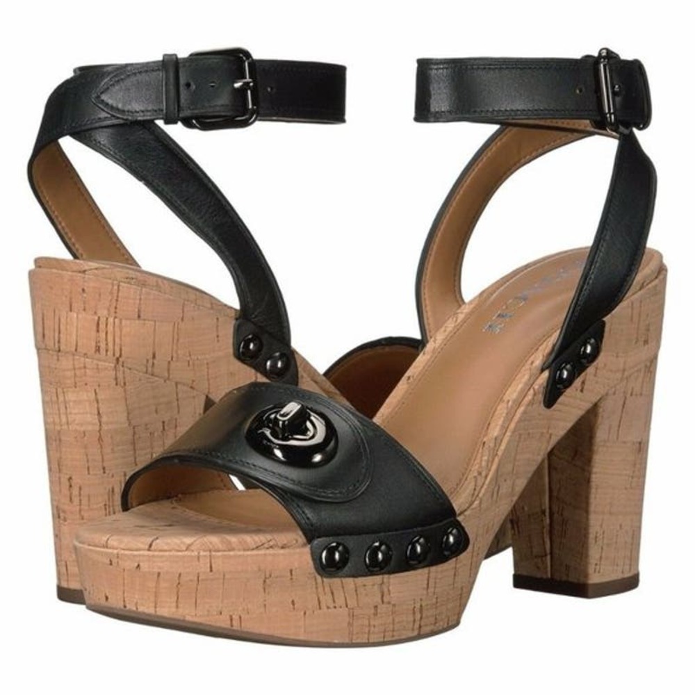 Coach Black Leather Cork Platform Heel Sandals